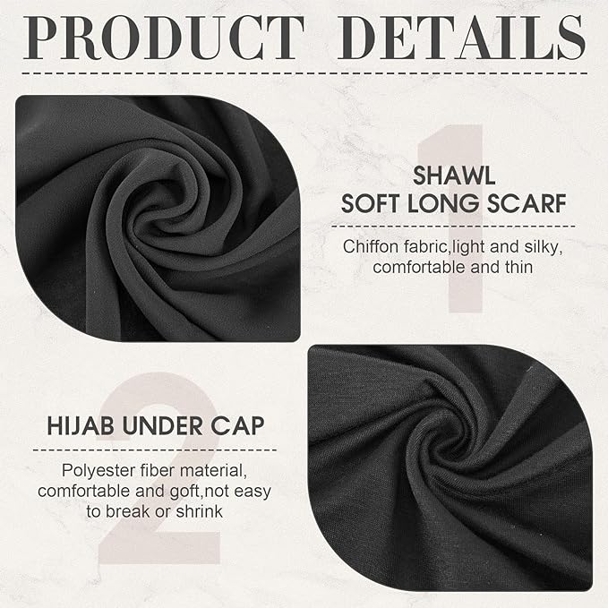 Hijab Scarves and Undercap Set, Chiffon Muslim Head Scarf For Women Islamic Solid Long Shawl Inner Hijab Cap