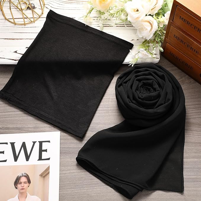 Hijab Scarves and Undercap Set, Chiffon Muslim Head Scarf For Women Islamic Solid Long Shawl Inner Hijab Cap