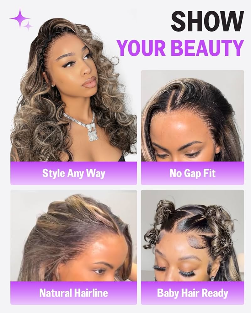 Glueless 13x6 Ombre Lace Front Wigs Human Hair Pre Plucked Pre Cut 220% Density Ear-to-Ear HD Lace Wig Highlight Drawstring Wig Human Hair