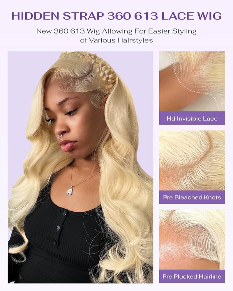 Hidden Strap Body Wave 360 613 Lace Front Wig Human Hair Glueless Wigs Human hair Pre Plucked Pre Bleached 180% Density Blonde Wig With Drawstring HD Full Lace Human Hair Wigs