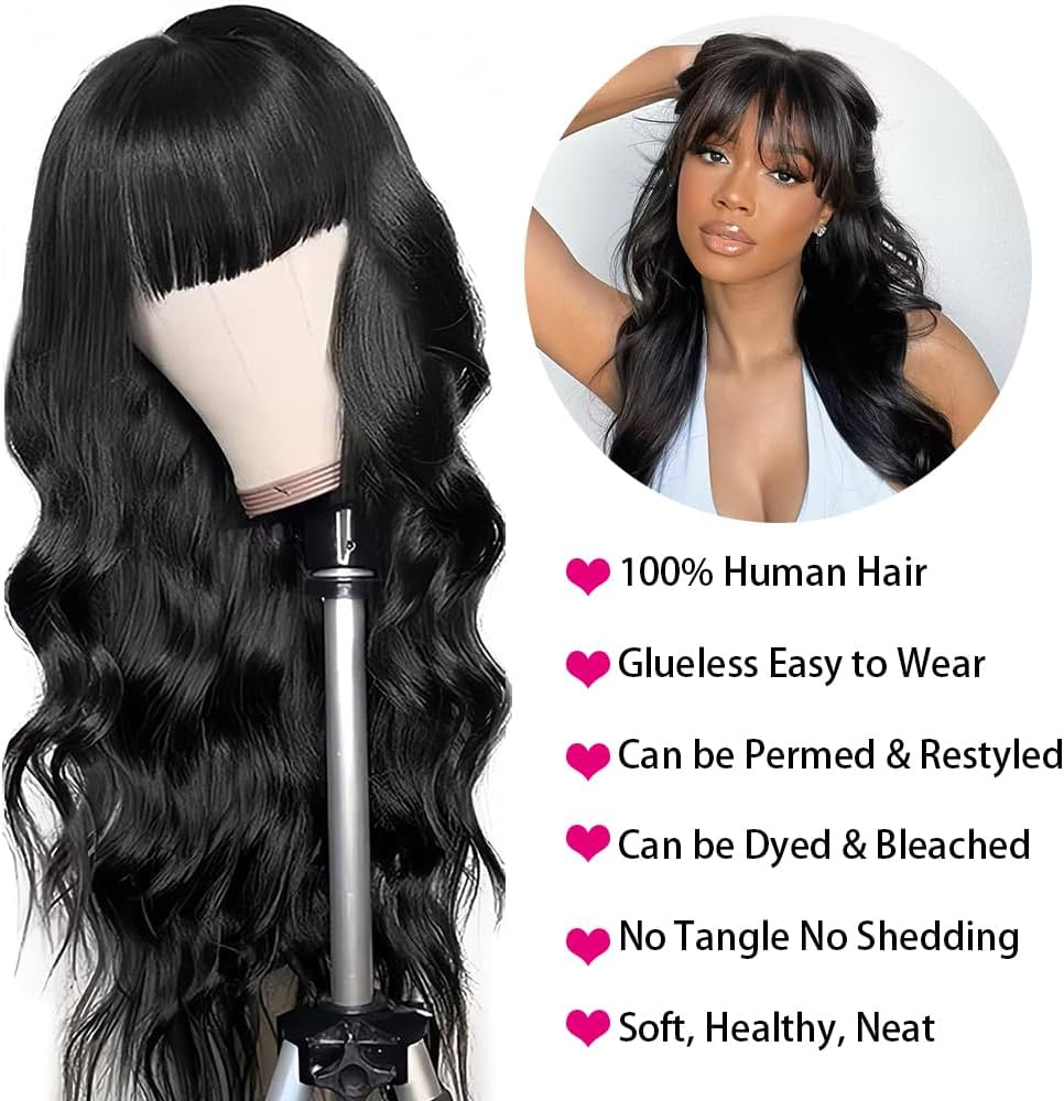 Body Wave Wigs with Bangs Human Hair Wig for Women Machine Made None Lace Front Wigs 180% Density Brazilian Virgin Human Hair Glueless Wig with Adjustable Drawstring