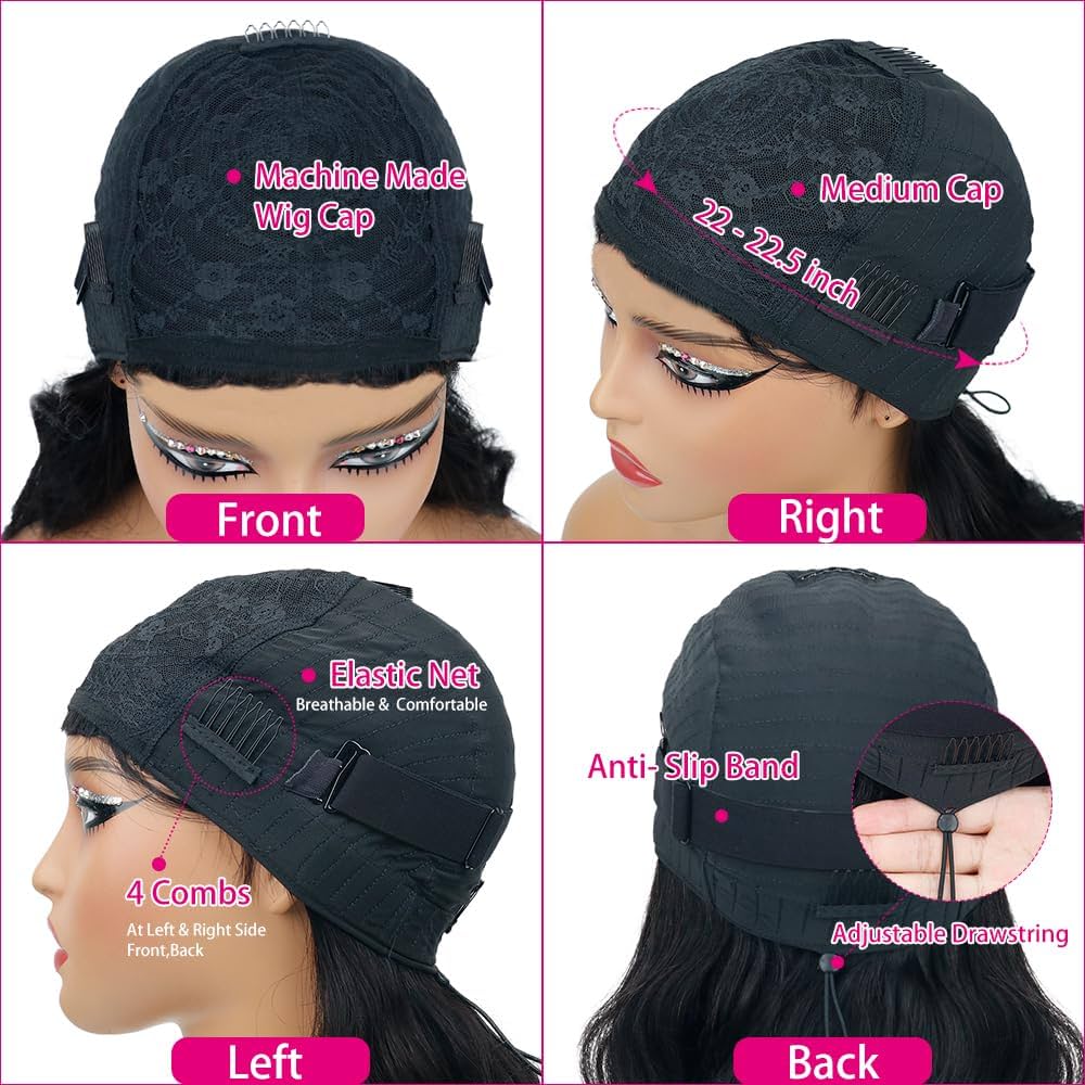 Body Wave Wigs with Bangs Human Hair Wig for Women Machine Made None Lace Front Wigs 180% Density Brazilian Virgin Human Hair Glueless Wig with Adjustable Drawstring