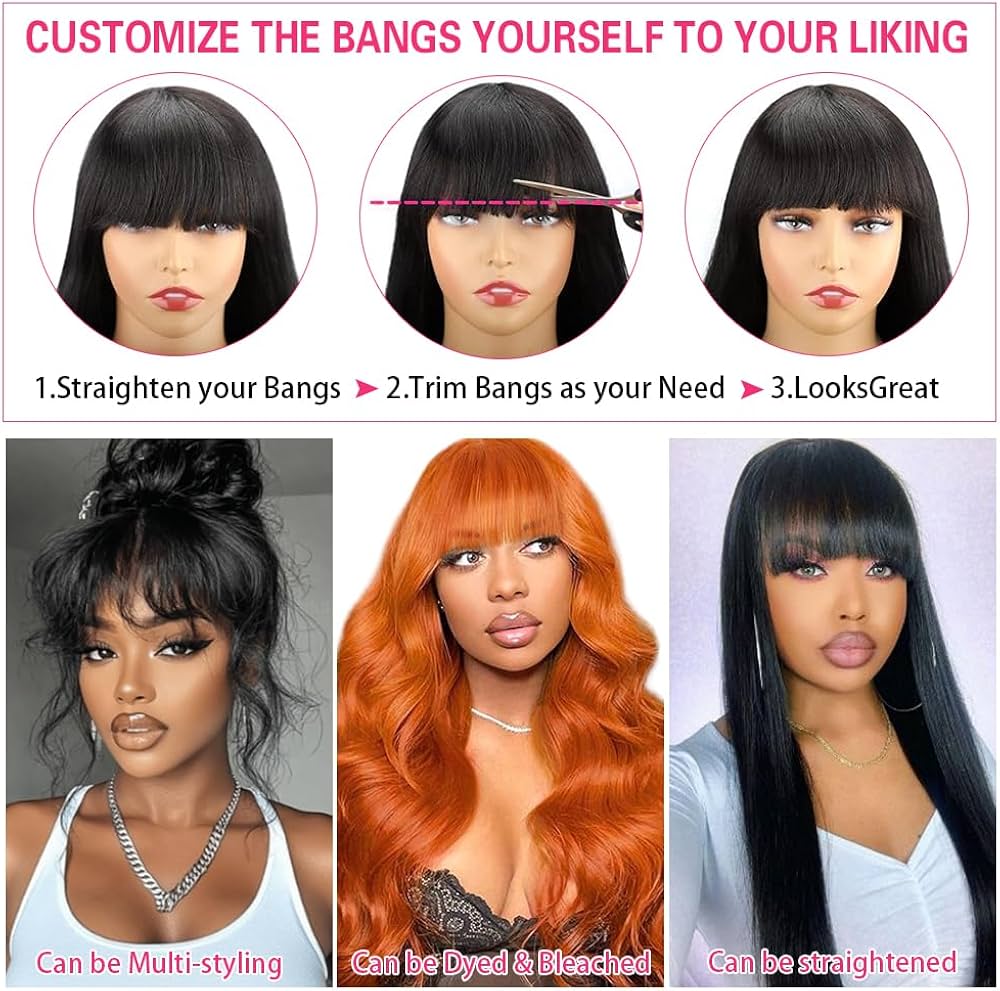 Body Wave Wigs with Bangs Human Hair Wig for Women Machine Made None Lace Front Wigs 180% Density Brazilian Virgin Human Hair Glueless Wig with Adjustable Drawstring