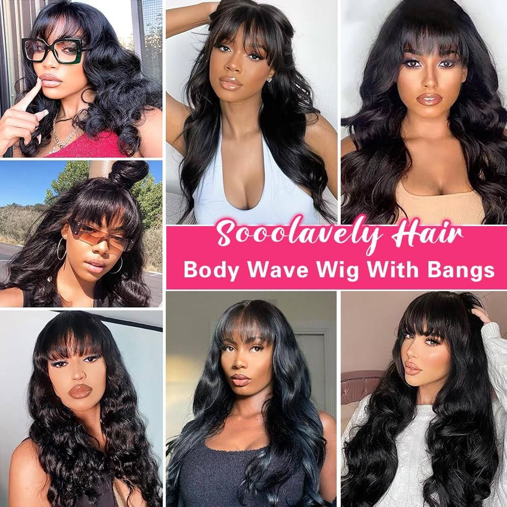 Body Wave Wigs with Bangs Human Hair Wig for Women Machine Made None Lace Front Wigs 180% Density Brazilian Virgin Human Hair Glueless Wig with Adjustable Drawstring