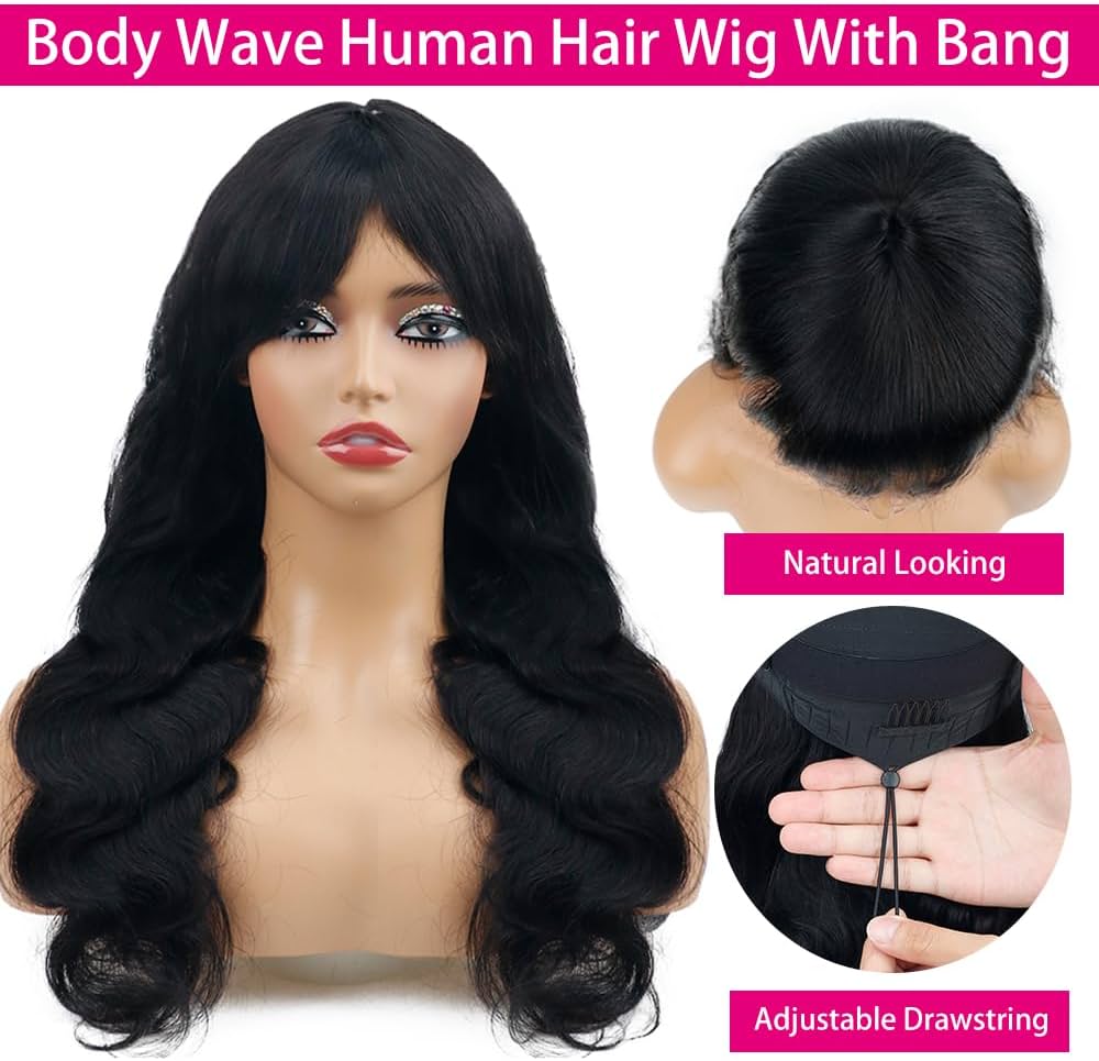 Body Wave Wigs with Bangs Human Hair Wig for Women Machine Made None Lace Front Wigs 180% Density Brazilian Virgin Human Hair Glueless Wig with Adjustable Drawstring
