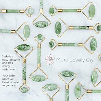 Jade Roller by More Lovely Co - with a complimentary Beauty Book - Personal spa treatment - Natural wrinkle reducing beauty product for your daily skincare routine - Antiaging facial massage tool