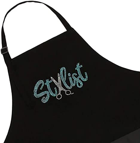 Black Hair Stylist Salon Bib Apron With Rhinestone Scissor Design For Cosmetologist or at Home Hair Cutting, 3 Pockets Long Ties and Adjustable Neck