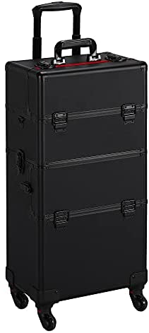 Yaheetech 3 in 1 Cosmetic Rolling Makeup Train Case Large Aluminum Trolley Makeup Travel Case Professional Rolling Cosmetic Beauty Storage, with 360° Swivel Wheels
