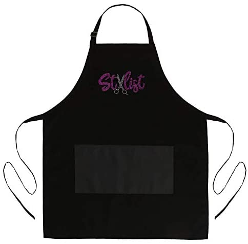 Black Hair Stylist Salon Bib Apron With Rhinestone Scissor Design For Cosmetologist or at Home Hair Cutting, 3 Pockets Long Ties and Adjustable Neck