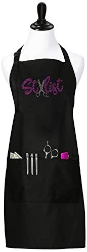 Black Hair Stylist Salon Bib Apron With Rhinestone Scissor Design For Cosmetologist or at Home Hair Cutting, 3 Pockets Long Ties and Adjustable Neck