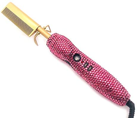 Diamond handle Electric Hot Comb Hair Straightening Heat Pressing Comb Multifunctional Copper Hair Straightener Brush- Straightening Comb (Pink)