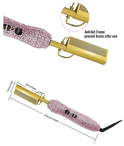 Diamond handle Electric Hot Comb Hair Straightening Heat Pressing Comb Multifunctional Copper Hair Straightener Brush- Straightening Comb (Pink)