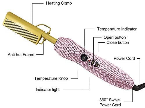 Diamond handle Electric Hot Comb Hair Straightening Heat Pressing Comb Multifunctional Copper Hair Straightener Brush- Straightening Comb (Pink)