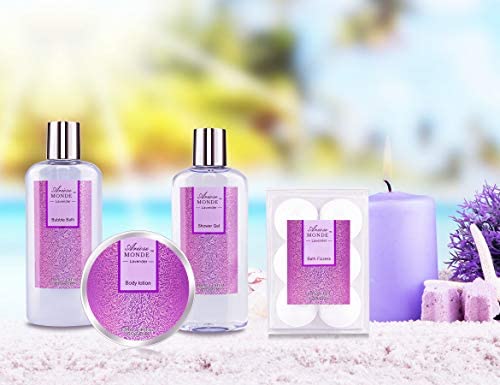Bath Spa Basket Gift Set, Bath & Body Set for Women & Men,Lavender Scent, Includes Body Lotion, Shower Gel, Bath Salts, Bubble Bath, Bath Fizzers,Bath Oil, Loofah Back Scrubber, Bath Tub, 10 Pcs