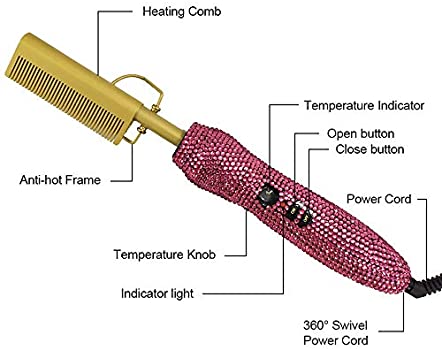 Diamond handle Electric Hot Comb Hair Straightening Heat Pressing Comb Multifunctional Copper Hair Straightener Brush- Straightening Comb (Pink)