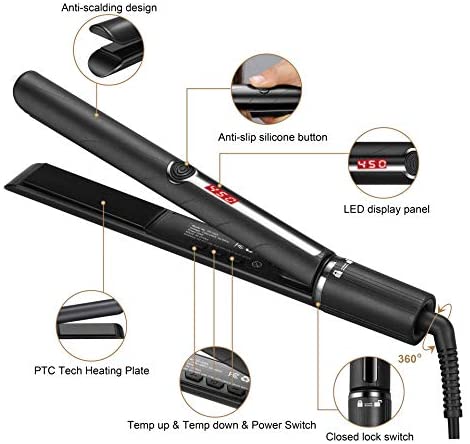 USHOW Professional Salon Hair Straightener and Curler 2 in 1 Curlling Iron Tourmaline Ceramic Flat Iron for Hair Styling with Adjustable Temperature of 230℉-450℉, 1 inch Plate
