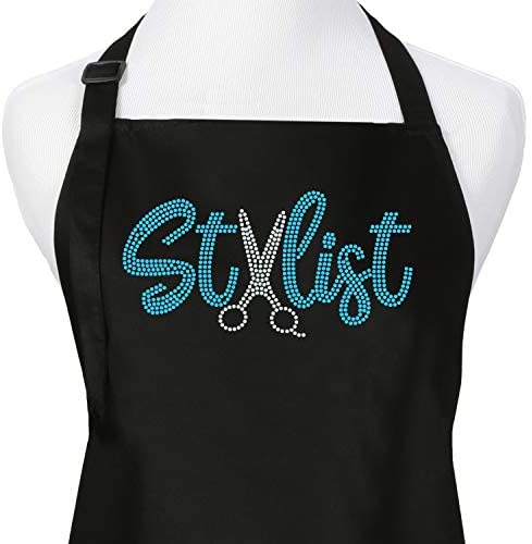 Black Hair Stylist Salon Bib Apron With Rhinestone Scissor Design For Cosmetologist or at Home Hair Cutting, 3 Pockets Long Ties and Adjustable Neck