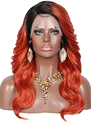 Kalyss 21" Swiss Lace Front Wigs with Baby Hair for Women Side Parted Long Curly Wavy Heat Resistant Japan-made Synthetic 5” Deep Lace Part Ombre Burgundy Red Wigs