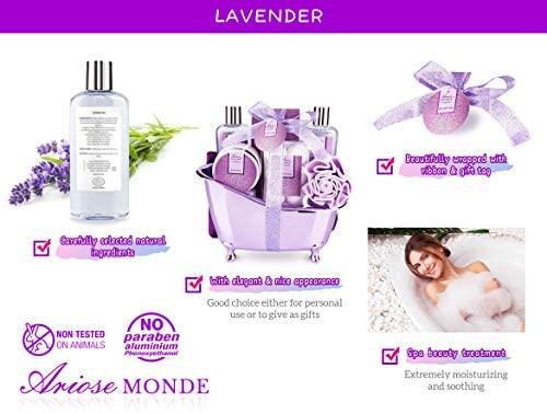 Bath Spa Basket Gift Set, Bath & Body Set for Women & Men,Lavender Scent, Includes Body Lotion, Shower Gel, Bath Salts, Bubble Bath, Bath Fizzers,Bath Oil, Loofah Back Scrubber, Bath Tub, 10 Pcs