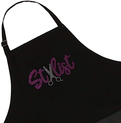 Black Hair Stylist Salon Bib Apron With Rhinestone Scissor Design For Cosmetologist or at Home Hair Cutting, 3 Pockets Long Ties and Adjustable Neck