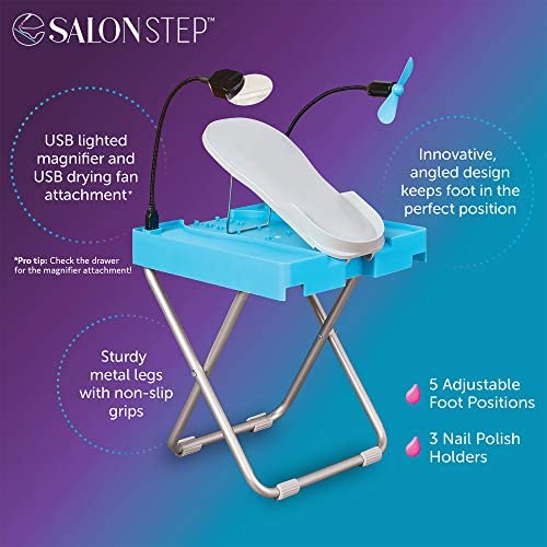 Salon Step The Beauty Footrest for Easy At-Home Pedicures, Treat Your Feet, No More Bending or Stretching with LED Magnifier, Drying Fan, Adjustable Foot Rest, Non-Slip Sturdy Legs & Built-In Storage