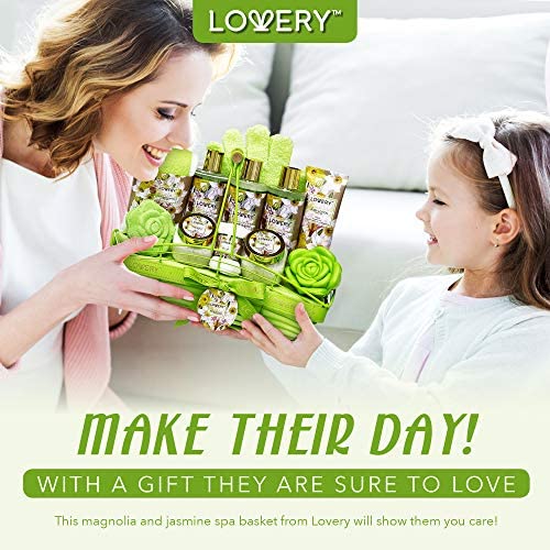 Home Spa Gift Baskets For Women - Bath and Body Gift Basket – Magnolia and Jasmine Home Spa Set, Includes Fragrant Lotions, Bath Bomb, Towel, Shower Gloves, Green Wired Bread Basket & More - 13 Pc Set