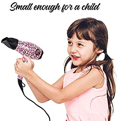 Le Angelique Bison Mini Hair Dryer - 1200W Super Strong - Travel Blow Dryer with Diffuser And Concentrator | Small Kids Size (Pink Cheetah)