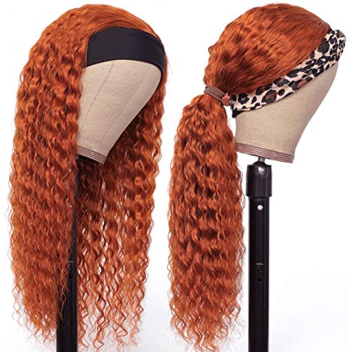 Curly Headband Wig Human Hair, Colored Deep Wave Human Hair Wig with Headband Attached Orange Ginger Brazilian Real Remy Hair Half Wigs for Black Women 12 Inch 150% Density