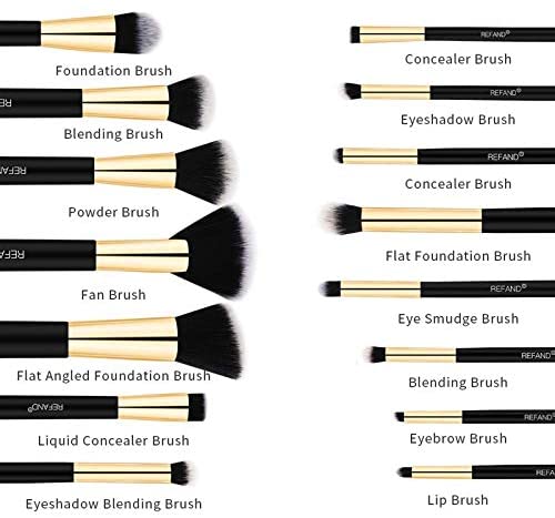 Refand Makeup Brushes, 15pcs Face Brushes Cosmetics Kabuki Foundation Powder Concealers Blending Eye Shadows Professional Make Brushes Kit with Pu Leather Storage Bag Gold Black