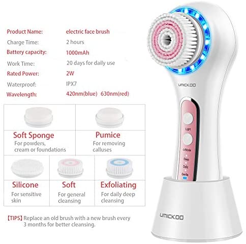 UMICKOO Facial Cleansing Brush, Rechargeable IPX7 Waterproof with 5 Brush Heads,Face Brush Use for Exfoliating, Massaging and Deep Cleansing