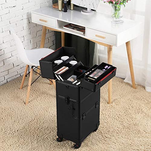 Yaheetech 3 in 1 Cosmetic Rolling Makeup Train Case Large Aluminum Trolley Makeup Travel Case Professional Rolling Cosmetic Beauty Storage, with 360° Swivel Wheels