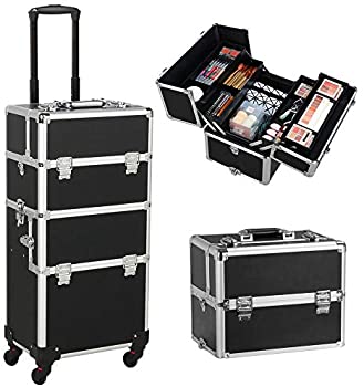 Yaheetech 3 in 1 Cosmetic Rolling Makeup Train Case Large Aluminum Trolley Makeup Travel Case Professional Rolling Cosmetic Beauty Storage, with 360° Swivel Wheels