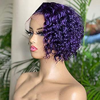 Derun Curly Bob Lace Front Wigs Human Hair 13×6 T Part Lace Short Bob Pixie Cut Wig Purple Remy Hair for Black Women