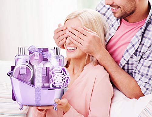 Bath Spa Basket Gift Set, Bath & Body Set for Women & Men,Lavender Scent, Includes Body Lotion, Shower Gel, Bath Salts, Bubble Bath, Bath Fizzers,Bath Oil, Loofah Back Scrubber, Bath Tub, 10 Pcs