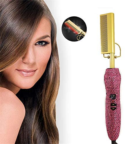 Diamond handle Electric Hot Comb Hair Straightening Heat Pressing Comb Multifunctional Copper Hair Straightener Brush- Straightening Comb (Pink)