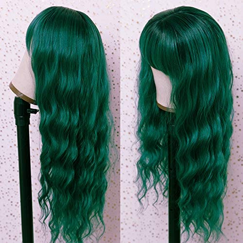 Fureya Wig with Air Bangs for Girl Synthetic Wig Loose Wave Ombre Green Hair with Black Roots Heat Resistant Hair 24 Inch for Daily Cosplay Party