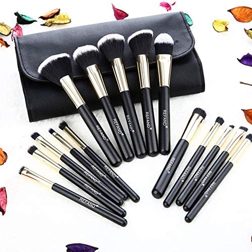 Refand Makeup Brushes, 15pcs Face Brushes Cosmetics Kabuki Foundation Powder Concealers Blending Eye Shadows Professional Make Brushes Kit with Pu Leather Storage Bag Gold Black