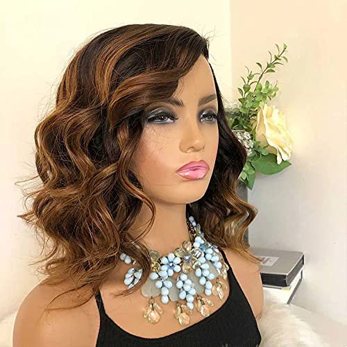 Derun 150% Density Highlight Short Wavy 13×6 Lace Front Wigs Human Hair Lace Frontal Wig 1B/30 Remy Hair for Women