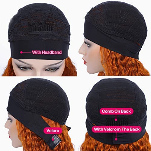 Curly Headband Wig Human Hair, Colored Deep Wave Human Hair Wig with Headband Attached Orange Ginger Brazilian Real Remy Hair Half Wigs for Black Women 12 Inch 150% Density