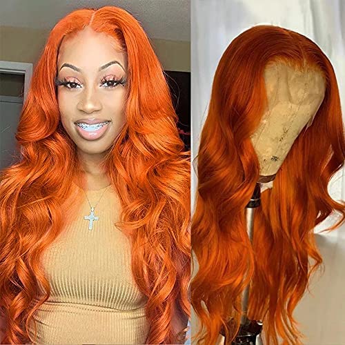 Derun Ginger Orange Body Wave Lace Front Wigs Human Hair (T Lace, BW, 14 Inch)