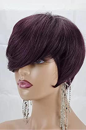 PangDongLai Pixie Cut Wig mix 1B/purple color Brazilian Virgin Human Hair wig with Bangs Short Pixie Hairstyles Pixie Haircut Wigs Short Human Hair Wigs (E-STYLE, Mix 1B/Purple)