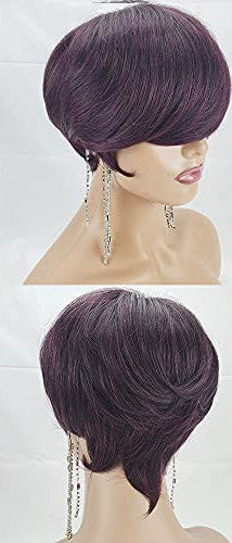 PangDongLai Pixie Cut Wig mix 1B/purple color Brazilian Virgin Human Hair wig with Bangs Short Pixie Hairstyles Pixie Haircut Wigs Short Human Hair Wigs (E-STYLE, Mix 1B/Purple)