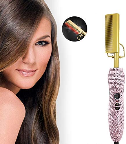Diamond handle Electric Hot Comb Hair Straightening Heat Pressing Comb Multifunctional Copper Hair Straightener Brush- Straightening Comb (Pink)