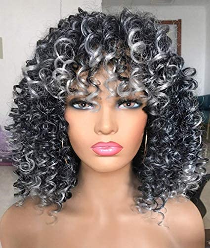 PRETTIEST Afro Curly Wigs Ombre Grey Wig with Bangs for Black Women Natural Looking for Daily Wear