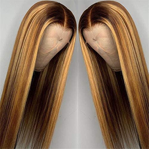 T Part Lace Front Wig Pre Plucked Straight Honey Blond Ombre Color Highlight 13X4X1 Lace Front Brazilian Virgin Human Hair Wigs with Baby Hair for Women 150% Density 8-28 Inch