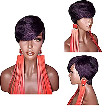 PangDongLai Pixie Cut Wig mix 1B/purple color Brazilian Virgin Human Hair wig with Bangs Short Pixie Hairstyles Pixie Haircut Wigs Short Human Hair Wigs (E-STYLE, Mix 1B/Purple)