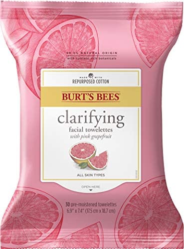 Burt's Bees Facial Cleansing Towelette Wipes for Normal to Oily Skin with Pink Grapefruit, 30 Count, Pack of 3