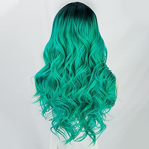 Lativ Long Wavy Wig for Women Ombre Green Middle Part Wigs Long Curly Synthetic Heat Resistant Hair with Natural Hairline for Cosplay Party Everyday Use (Ombre Green)