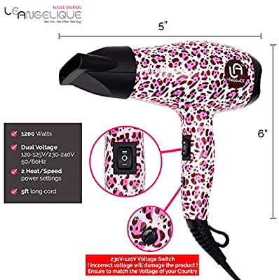 Le Angelique Bison Mini Hair Dryer - 1200W Super Strong - Travel Blow Dryer with Diffuser And Concentrator | Small Kids Size (Pink Cheetah)