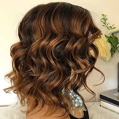 Derun 150% Density Highlight Short Wavy 13×6 Lace Front Wigs Human Hair Lace Frontal Wig 1B/30 Remy Hair for Women